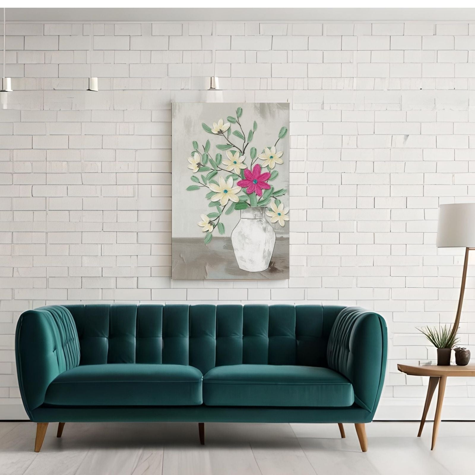 A contemporary botanical painting featuring a white vase with textured ivory flowers and one bright pink flower against a neutral grey background.