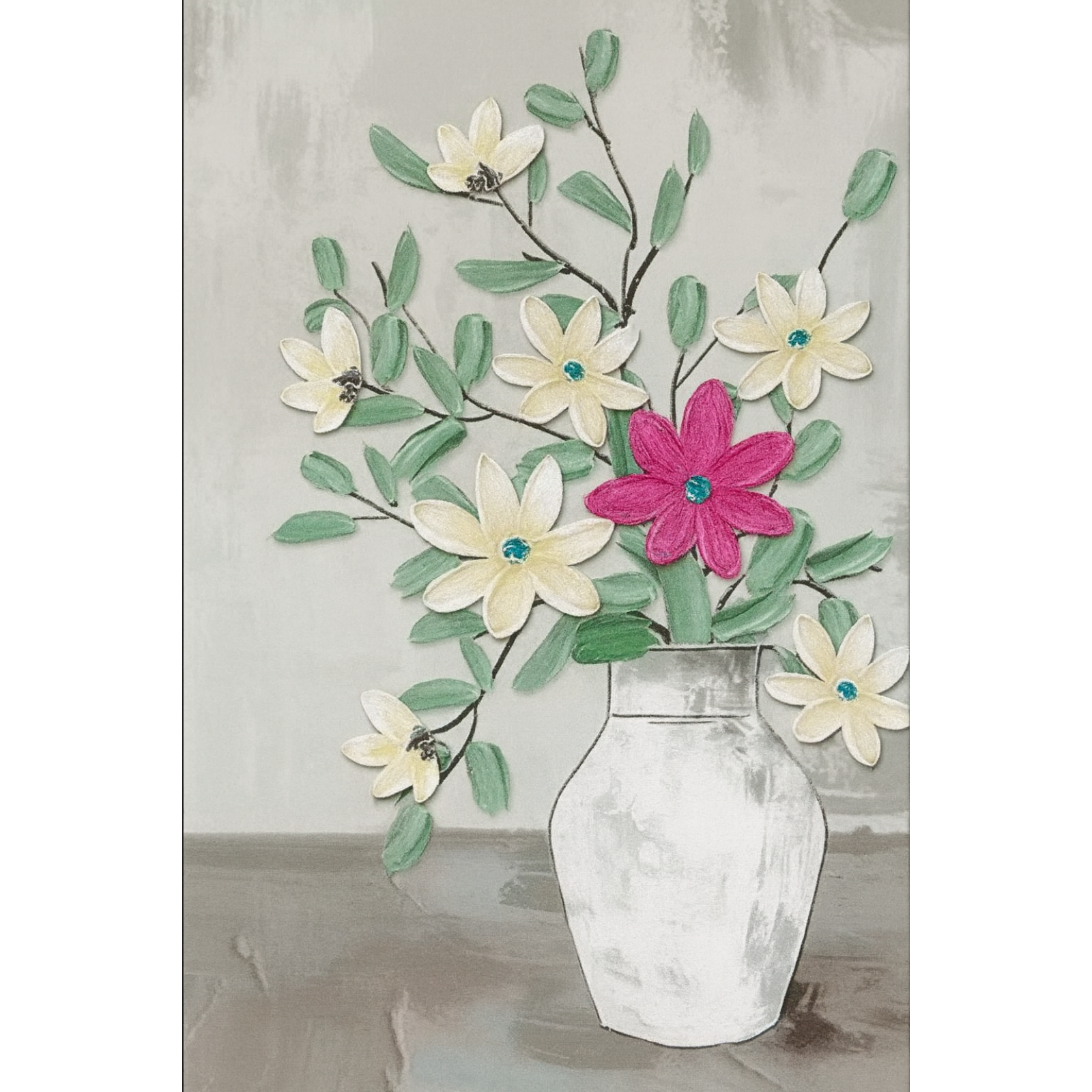 A contemporary botanical painting featuring a white vase with textured ivory flowers and one bright pink flower against a neutral grey background.