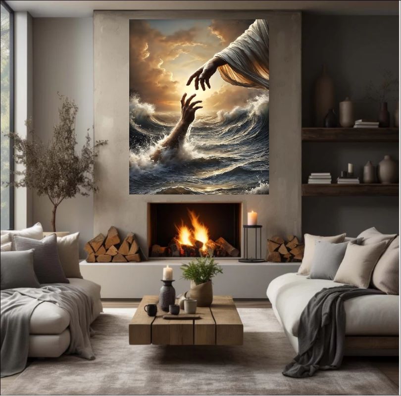 Dramatic painting of Jesus' hand reaching down from golden clouds to grasp a hand rising from turbulent stormy ocean waves, spiritual art.