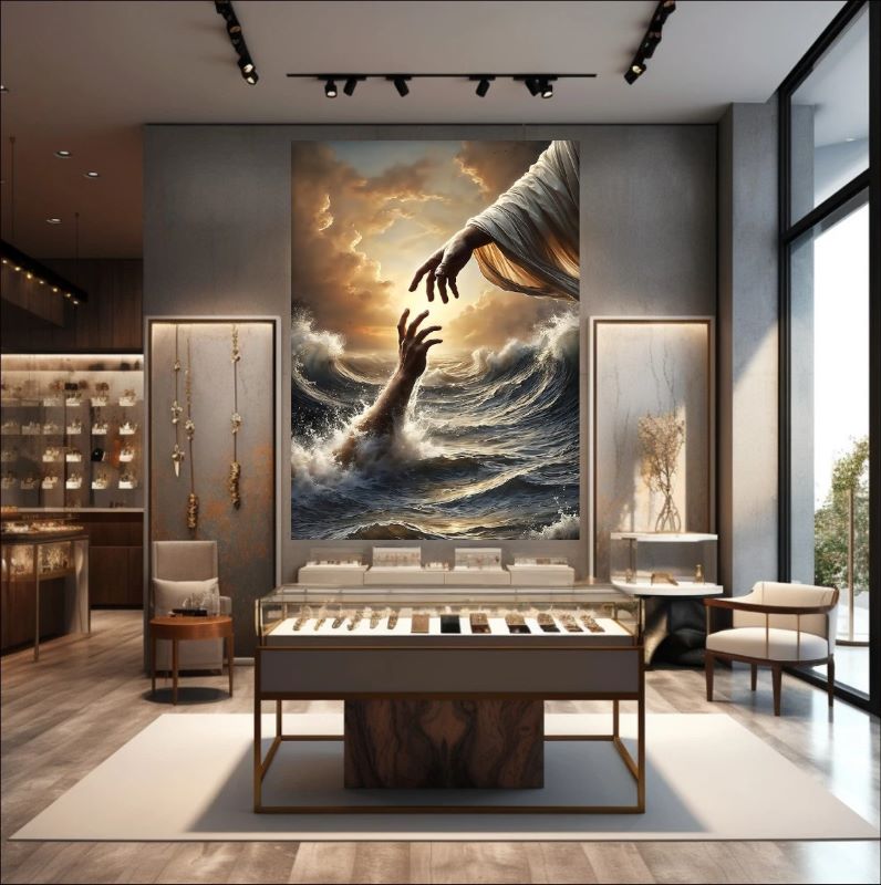 Dramatic painting of Jesus' hand reaching down from golden clouds to grasp a hand rising from turbulent stormy ocean waves, spiritual art.