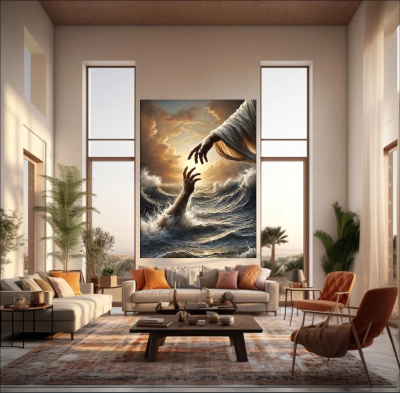 Dramatic painting of Jesus' hand reaching down from golden clouds to grasp a hand rising from turbulent stormy ocean waves, spiritual art.