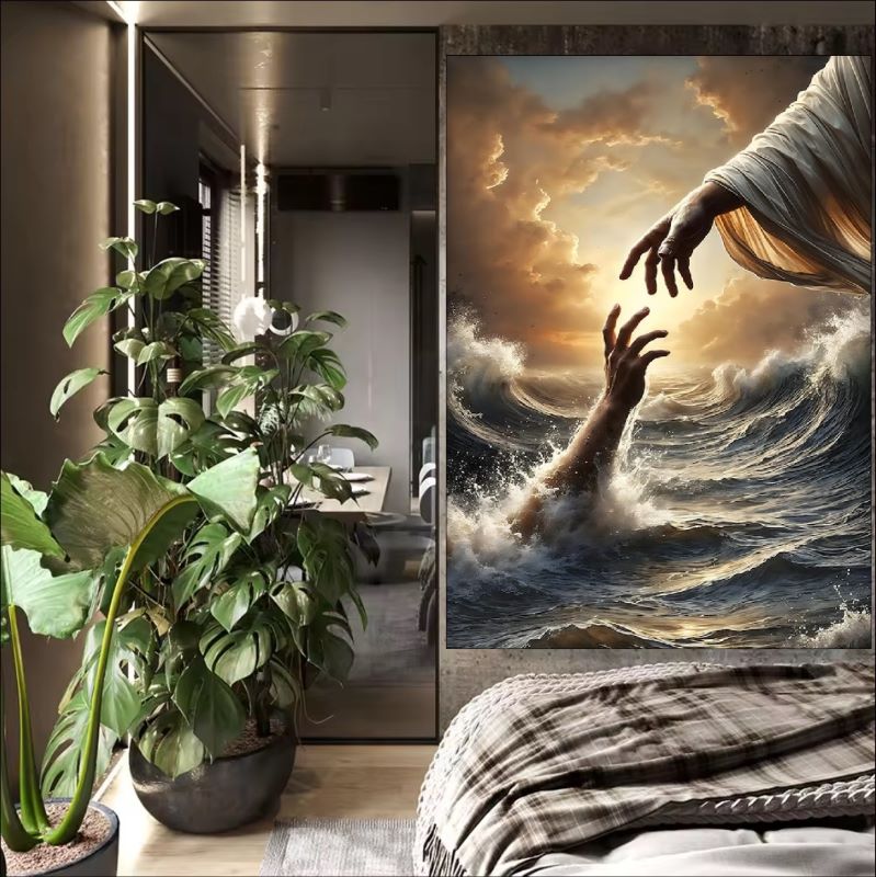 Dramatic painting of Jesus' hand reaching down from golden clouds to grasp a hand rising from turbulent stormy ocean waves, spiritual art.