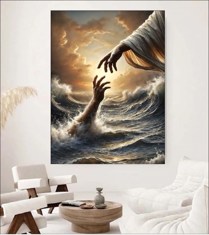 Dramatic painting of Jesus' hand reaching down from golden clouds to grasp a hand rising from turbulent stormy ocean waves, spiritual art.