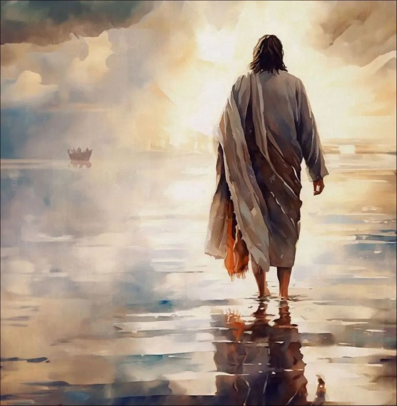 Impressionist painting of Jesus walking on calm water towards a golden horizon with reflections, spiritual Christian wall art.