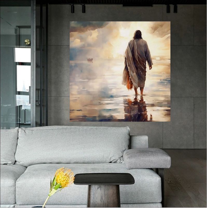 Impressionist painting of Jesus walking on calm water towards a golden horizon with reflections, spiritual Christian wall art.