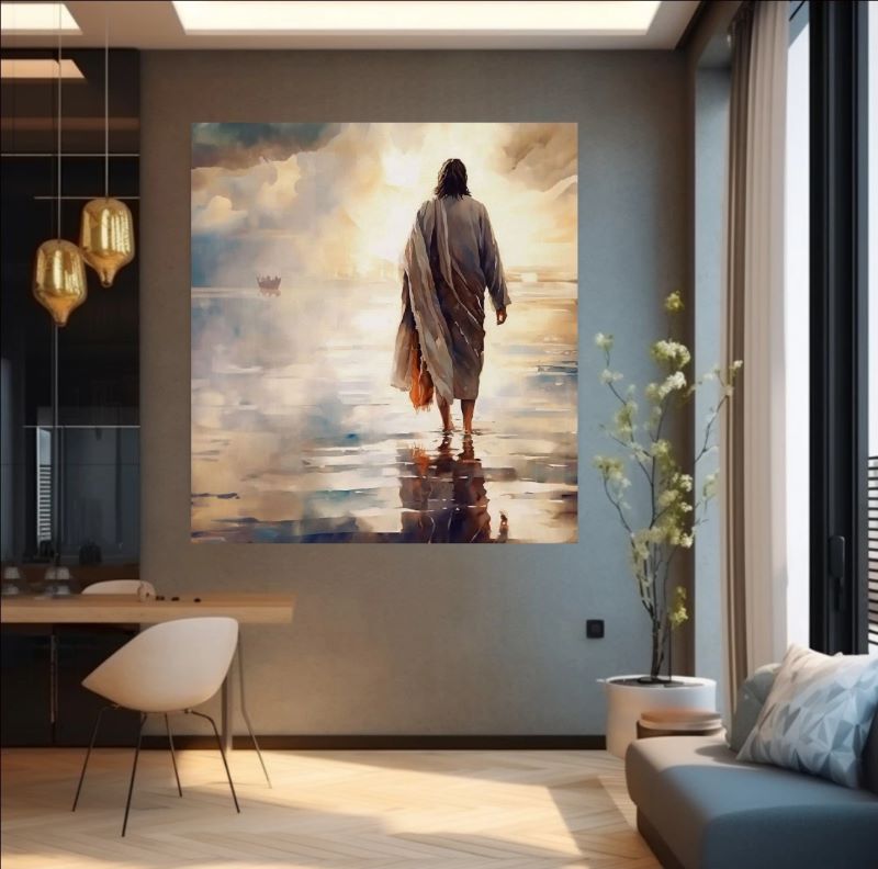 Impressionist painting of Jesus walking on calm water towards a golden horizon with reflections, spiritual Christian wall art.