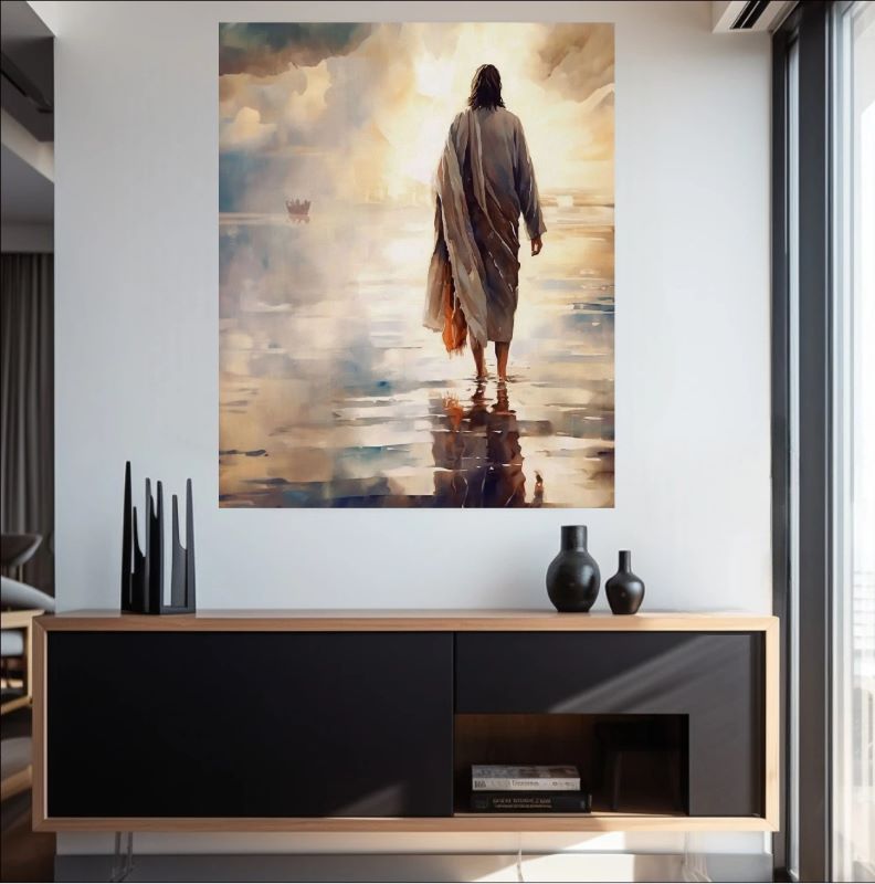 Impressionist painting of Jesus walking on calm water towards a golden horizon with reflections, spiritual Christian wall art.