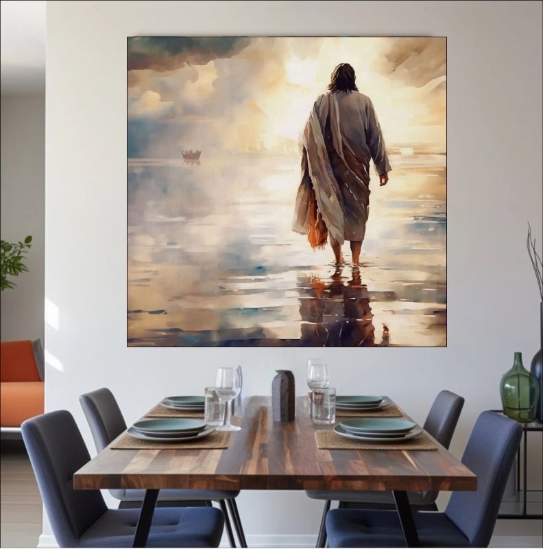 Impressionist painting of Jesus walking on calm water towards a golden horizon with reflections, spiritual Christian wall art.