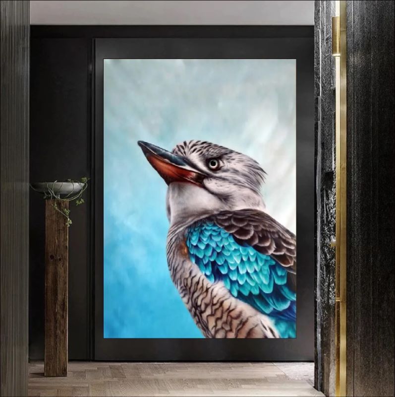Realistic oil painting portrait of a Kookaburra bird featuring vibrant turquoise blue wing feathers and detailed plumage against a soft blue background.