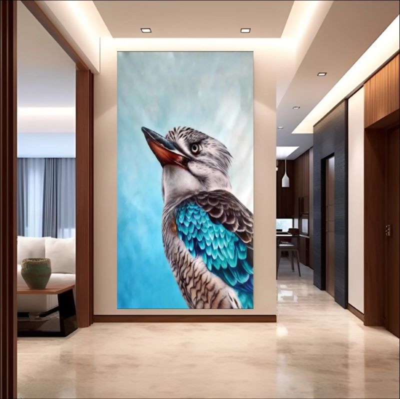 Realistic oil painting portrait of a Kookaburra bird featuring vibrant turquoise blue wing feathers and detailed plumage against a soft blue background.