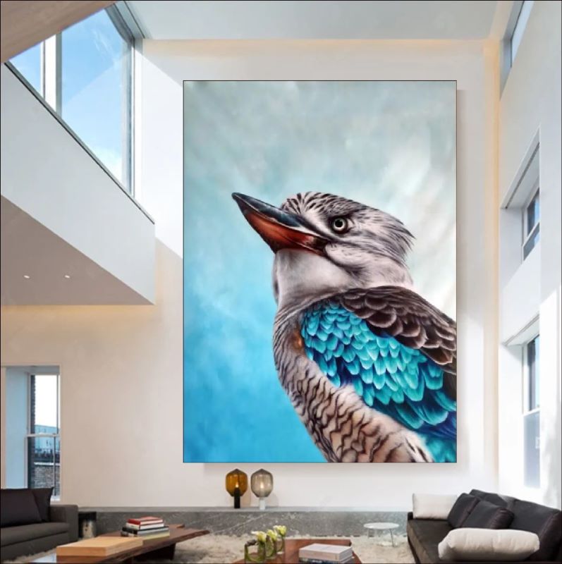Realistic oil painting portrait of a Kookaburra bird featuring vibrant turquoise blue wing feathers and detailed plumage against a soft blue background.