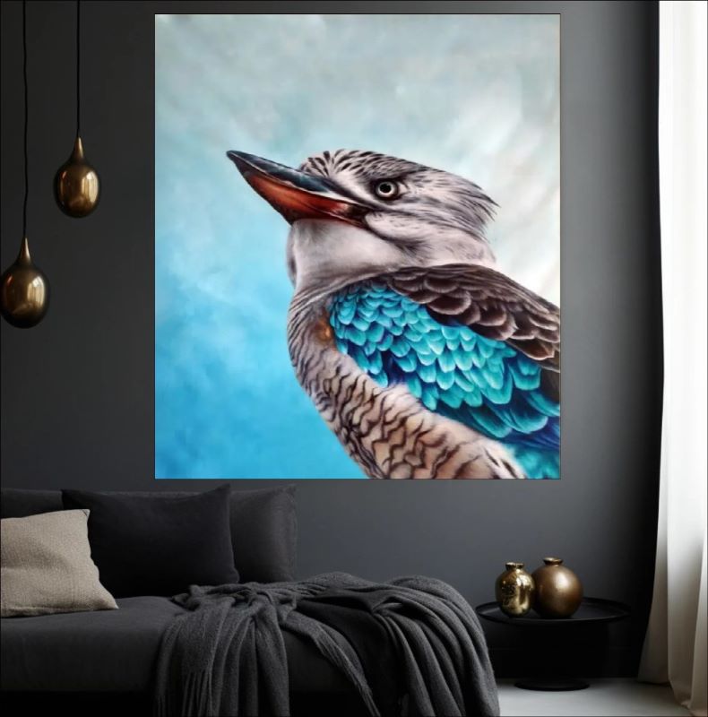 Realistic oil painting portrait of a Kookaburra bird featuring vibrant turquoise blue wing feathers and detailed plumage against a soft blue background.