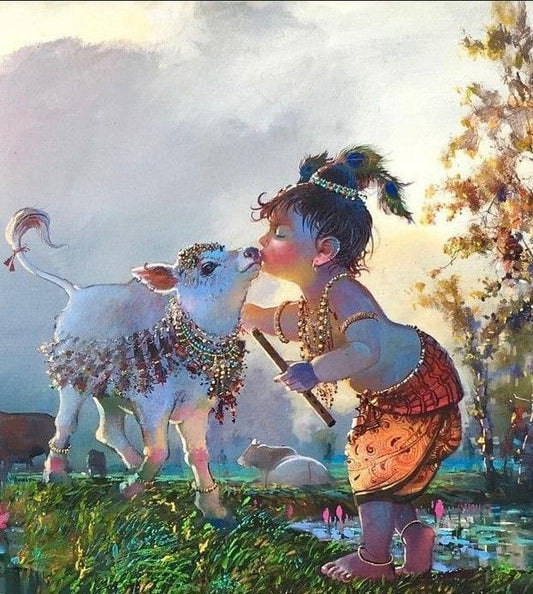 Cute Krishna With Cow Handmade Painting