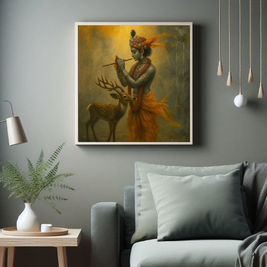 Krishna Playing flute, light green sofa, decorative lights