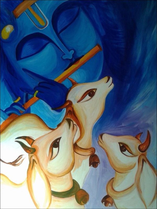 Modern painting of Lord Krishna playing the flute with three white cows looking up at him against a deep blue background, spiritual Hindu art.