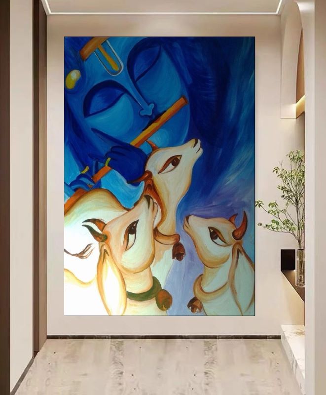 Modern painting of Lord Krishna playing the flute with three white cows looking up at him against a deep blue background, spiritual Hindu art.