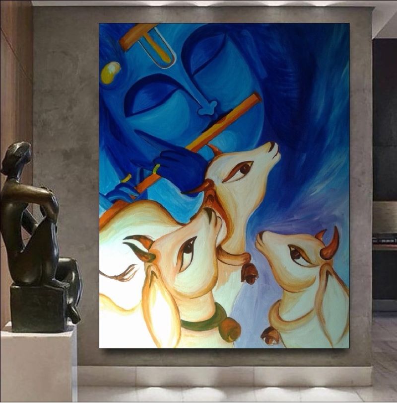 Modern painting of Lord Krishna playing the flute with three white cows looking up at him against a deep blue background, spiritual Hindu art.