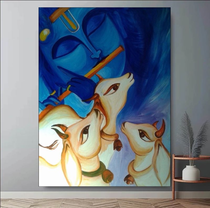 Modern painting of Lord Krishna playing the flute with three white cows looking up at him against a deep blue background, spiritual Hindu art.