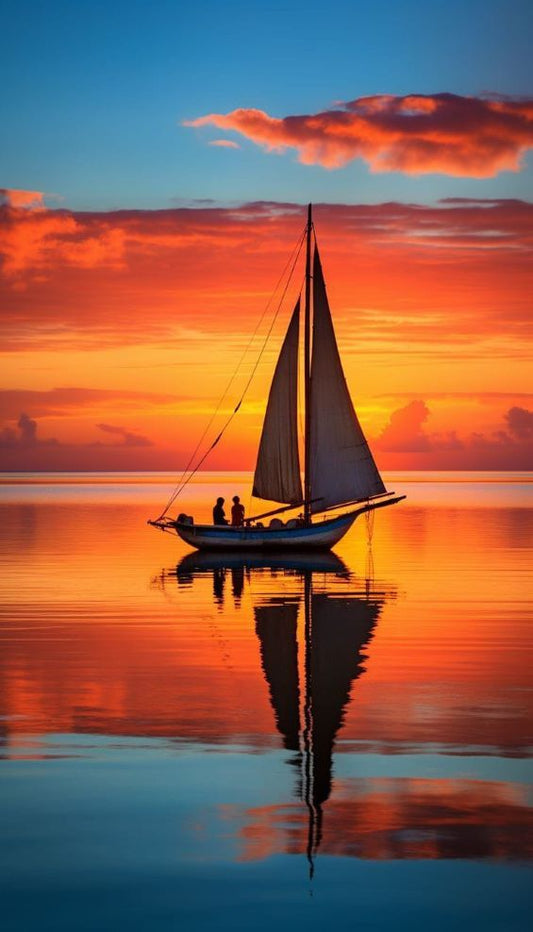 Sailboat sailing into a golden sunset