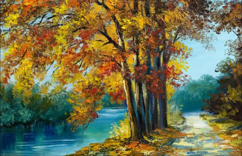 Yellow Leaves Trees & River Canvas Painting