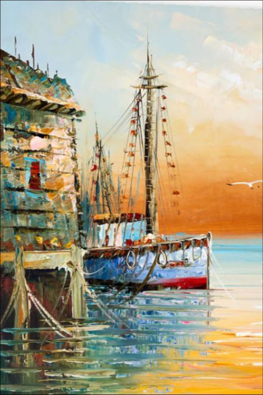 Colorful Boats Harbor Oil Painting