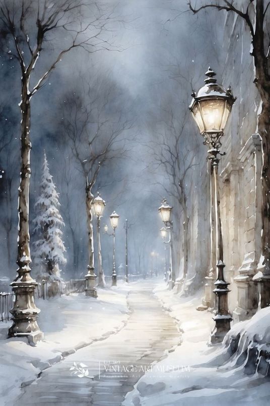 Painting of a Lamp In the Snow Street