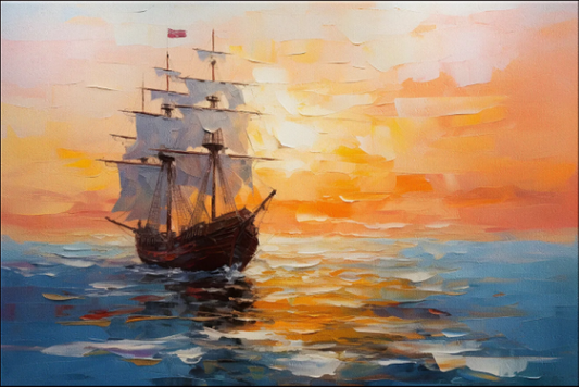 Sailing Ship in the Sea at Sunset Painting