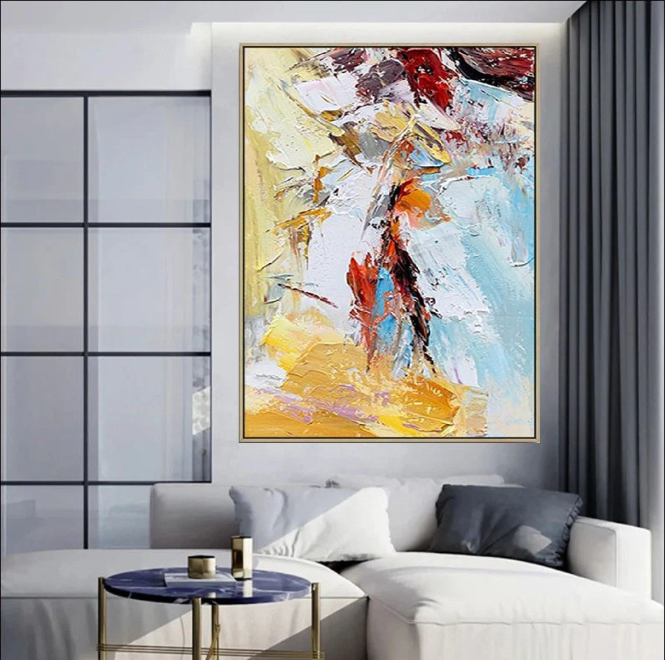 Abstract oil painting titled 'Layers of Passion' featuring vibrant colors, bold brushstrokes, and dynamic textures on high-quality canvas, perfect for modern interiors and art collectors.