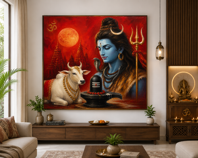 Handmade oil painting of Lord Shiva with Nandi, Shivling and Trishul on a vibrant red background, premium Hindu spiritual wall art for home décor.