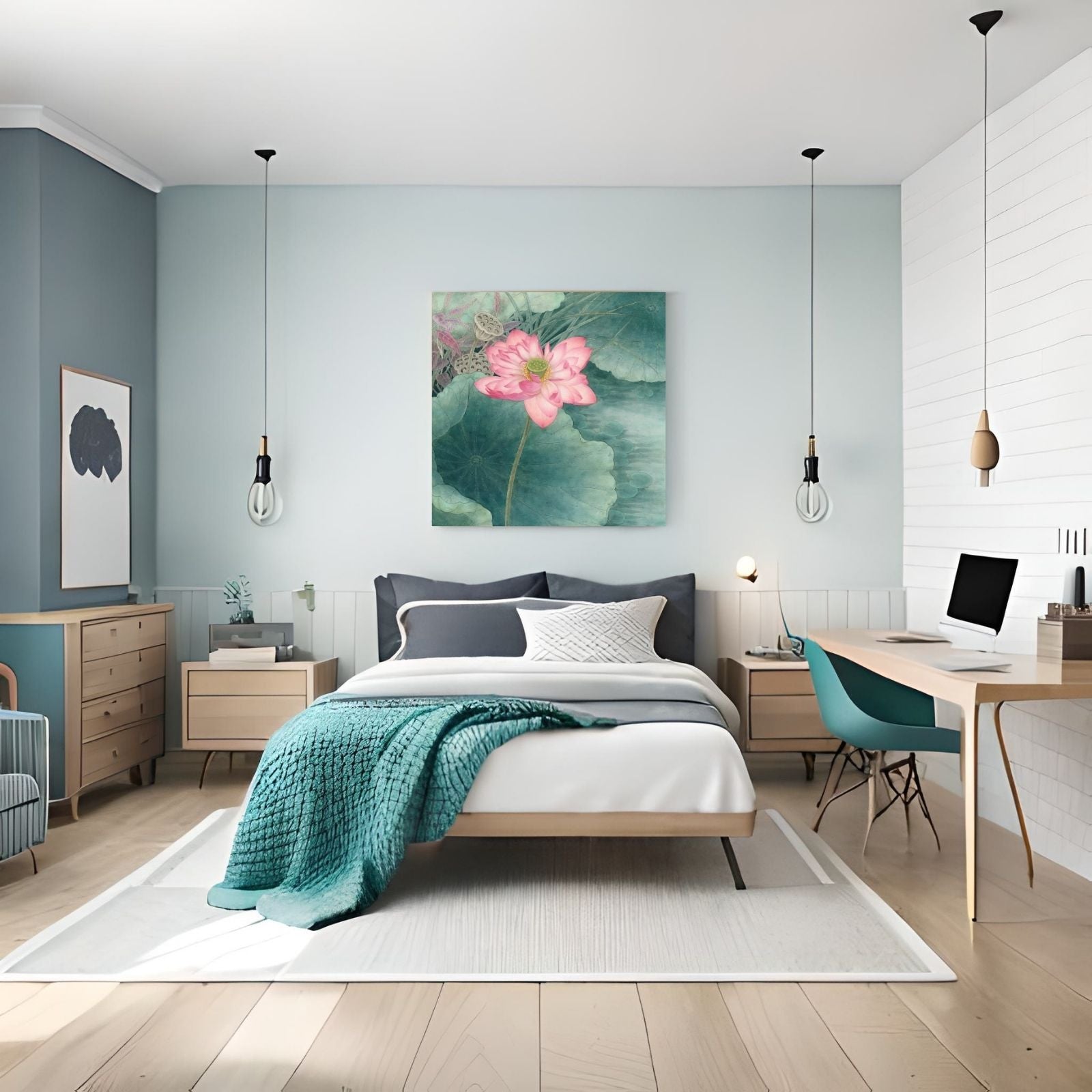 A detailed traditional botanical painting featuring a large pink lotus flower, green lily pads, and lotus seed pods on a soft watercolor background.