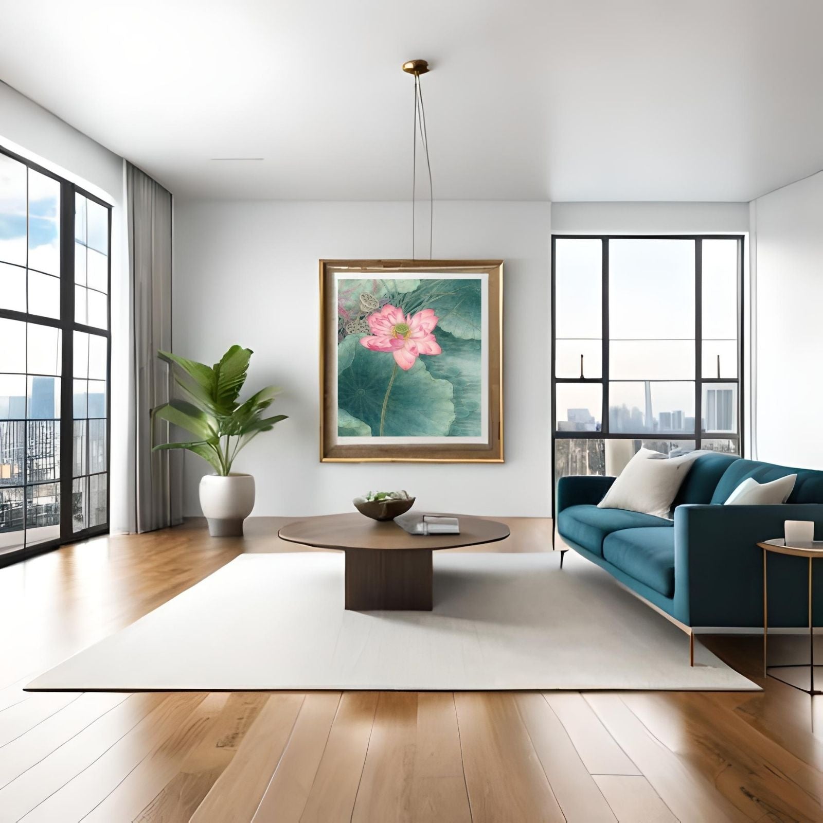 A detailed traditional botanical painting featuring a large pink lotus flower, green lily pads, and lotus seed pods on a soft watercolor background.