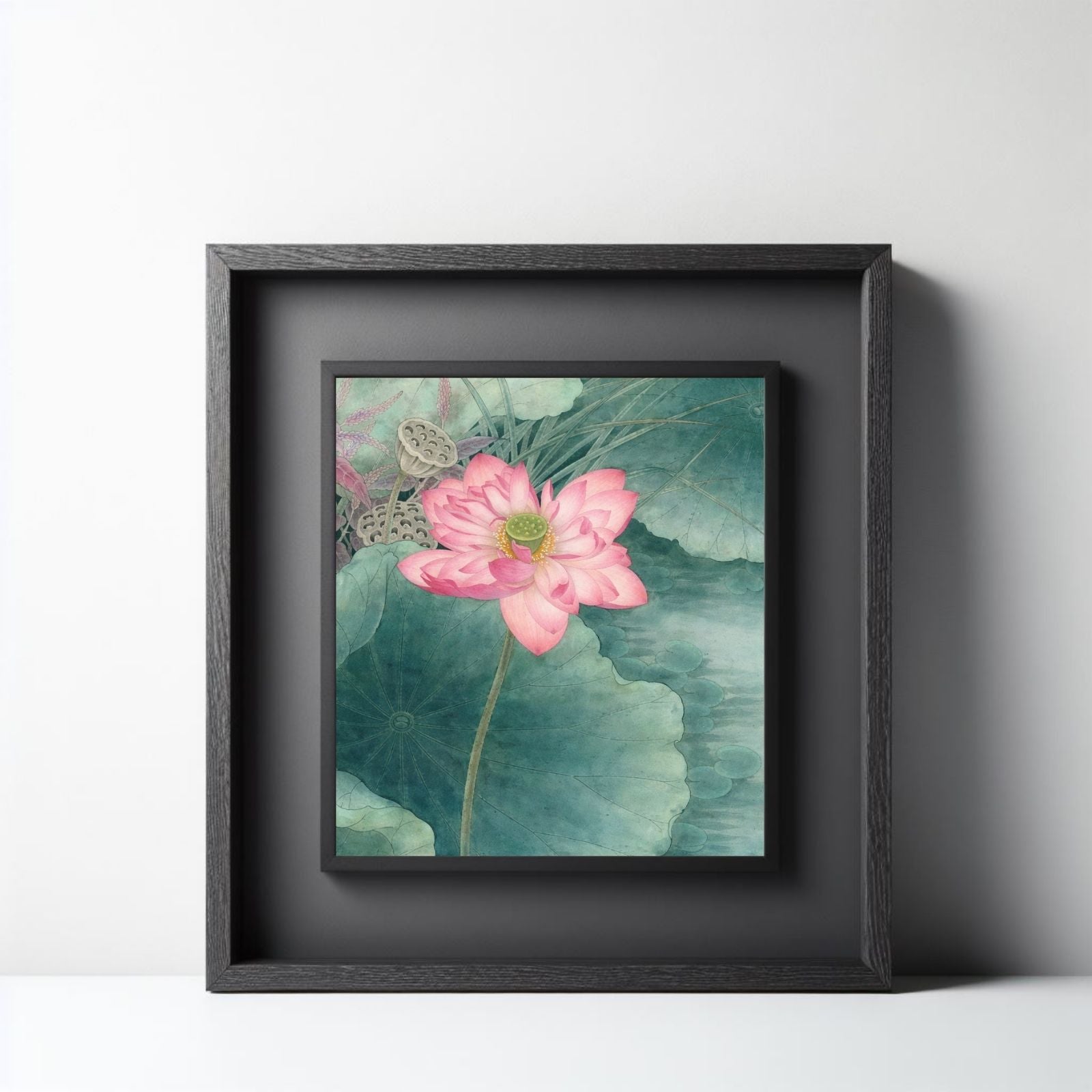 A detailed traditional botanical painting featuring a large pink lotus flower, green lily pads, and lotus seed pods on a soft watercolor background.