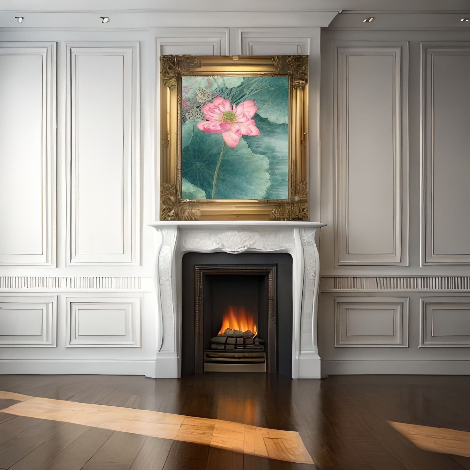 A detailed traditional botanical painting featuring a large pink lotus flower, green lily pads, and lotus seed pods on a soft watercolor background.