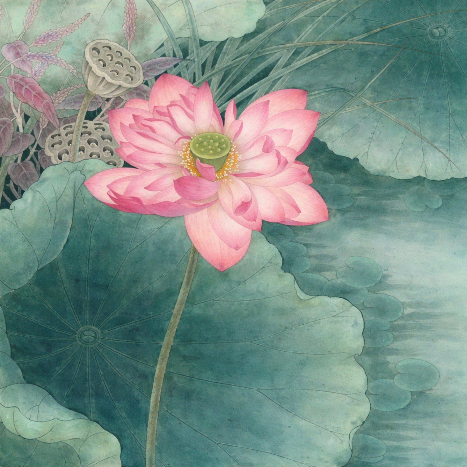 A detailed traditional botanical painting featuring a large pink lotus flower, green lily pads, and lotus seed pods on a soft watercolor background.