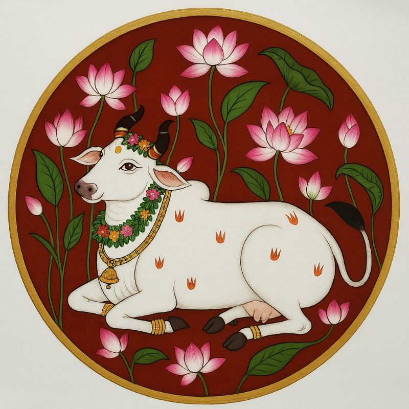 Traditional Pichwai painting of a white sacred cow adorned with garlands resting in a lotus garden against a deep red background, circular Indian folk art.