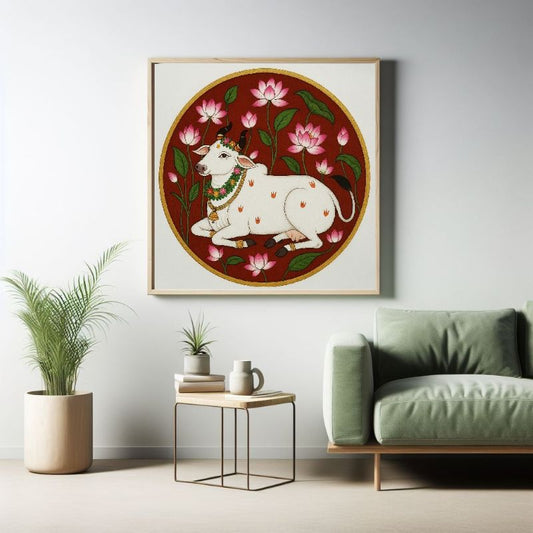 Pichwai painting of a white cow resting among pink lotus flowers, decorated with garlands, gold jewelry, and a red background circle.