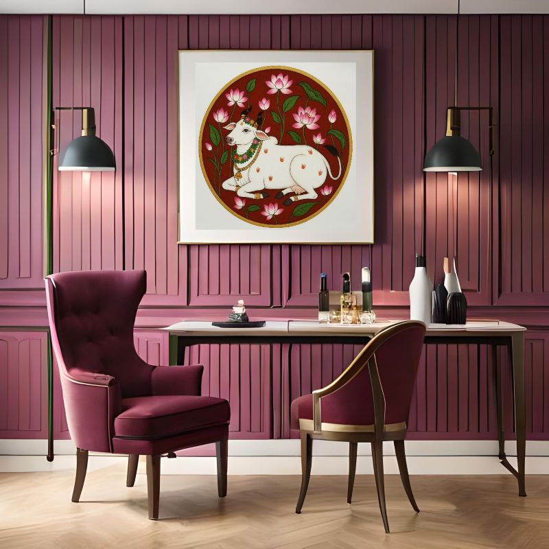 Traditional Pichwai painting of a white sacred cow adorned with garlands resting in a lotus garden against a deep red background, circular Indian folk art.