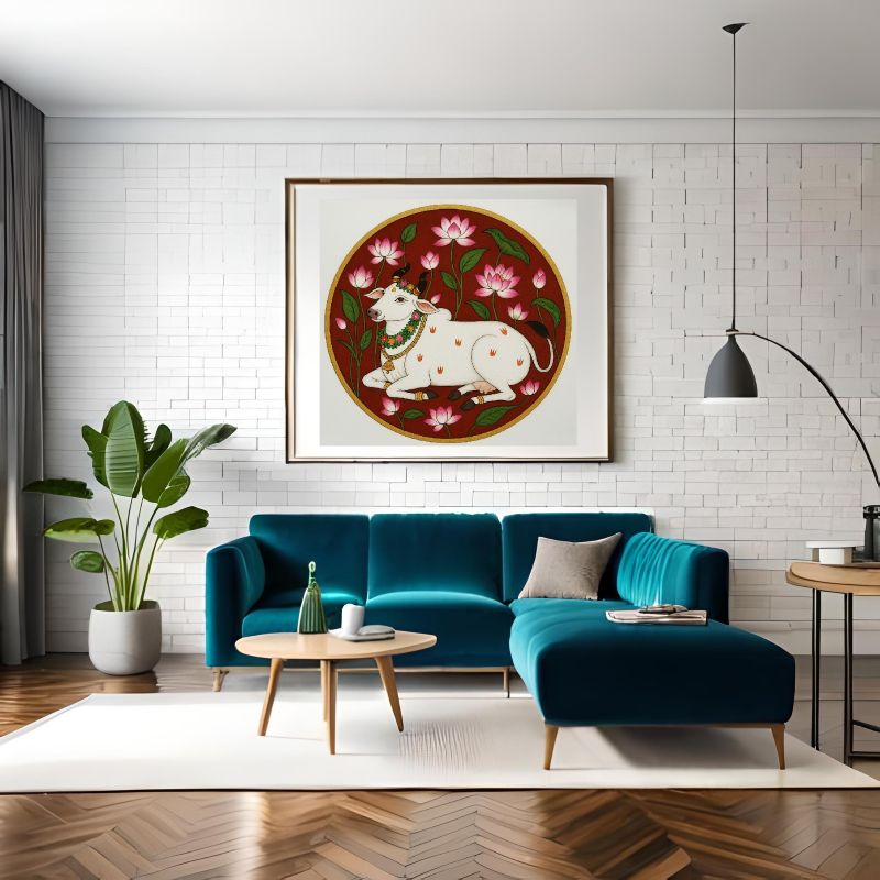 Traditional Pichwai painting of a white sacred cow adorned with garlands resting in a lotus garden against a deep red background, circular Indian folk art.