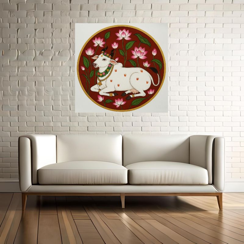 Traditional Pichwai painting of a white sacred cow adorned with garlands resting in a lotus garden against a deep red background, circular Indian folk art.