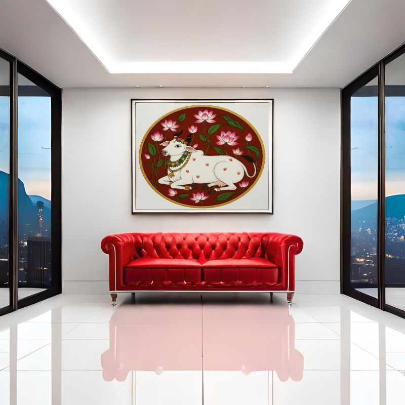 Traditional Pichwai painting of a white sacred cow adorned with garlands resting in a lotus garden against a deep red background, circular Indian folk art.