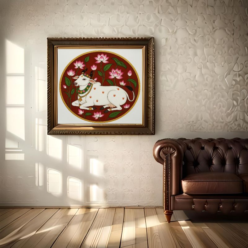 Traditional Pichwai painting of a white sacred cow adorned with garlands resting in a lotus garden against a deep red background, circular Indian folk art.