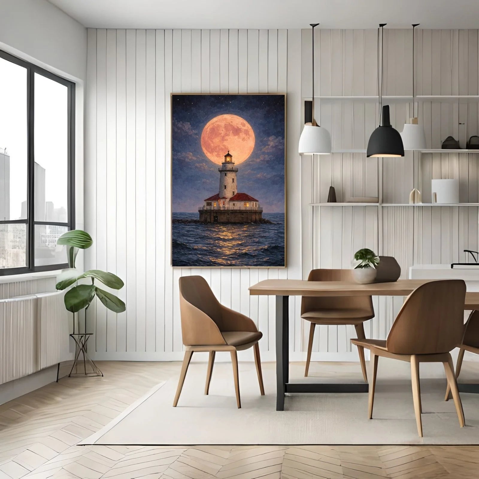 A majestic oil painting of a white lighthouse on a rocky island at night, positioned directly in front of a massive, glowing orange full moon.