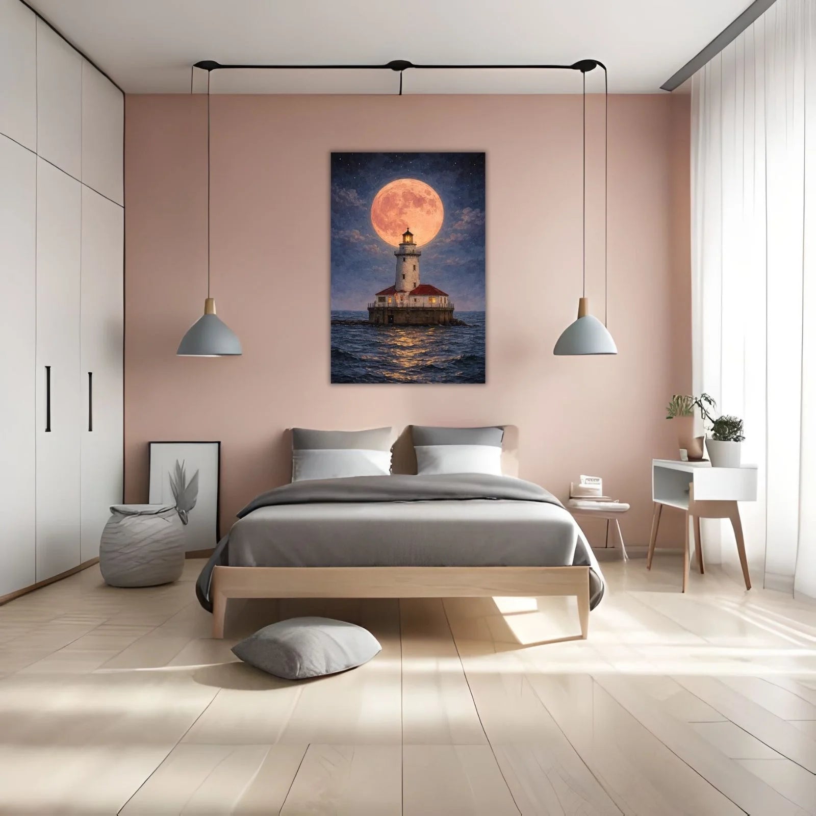 A majestic oil painting of a white lighthouse on a rocky island at night, positioned directly in front of a massive, glowing orange full moon.