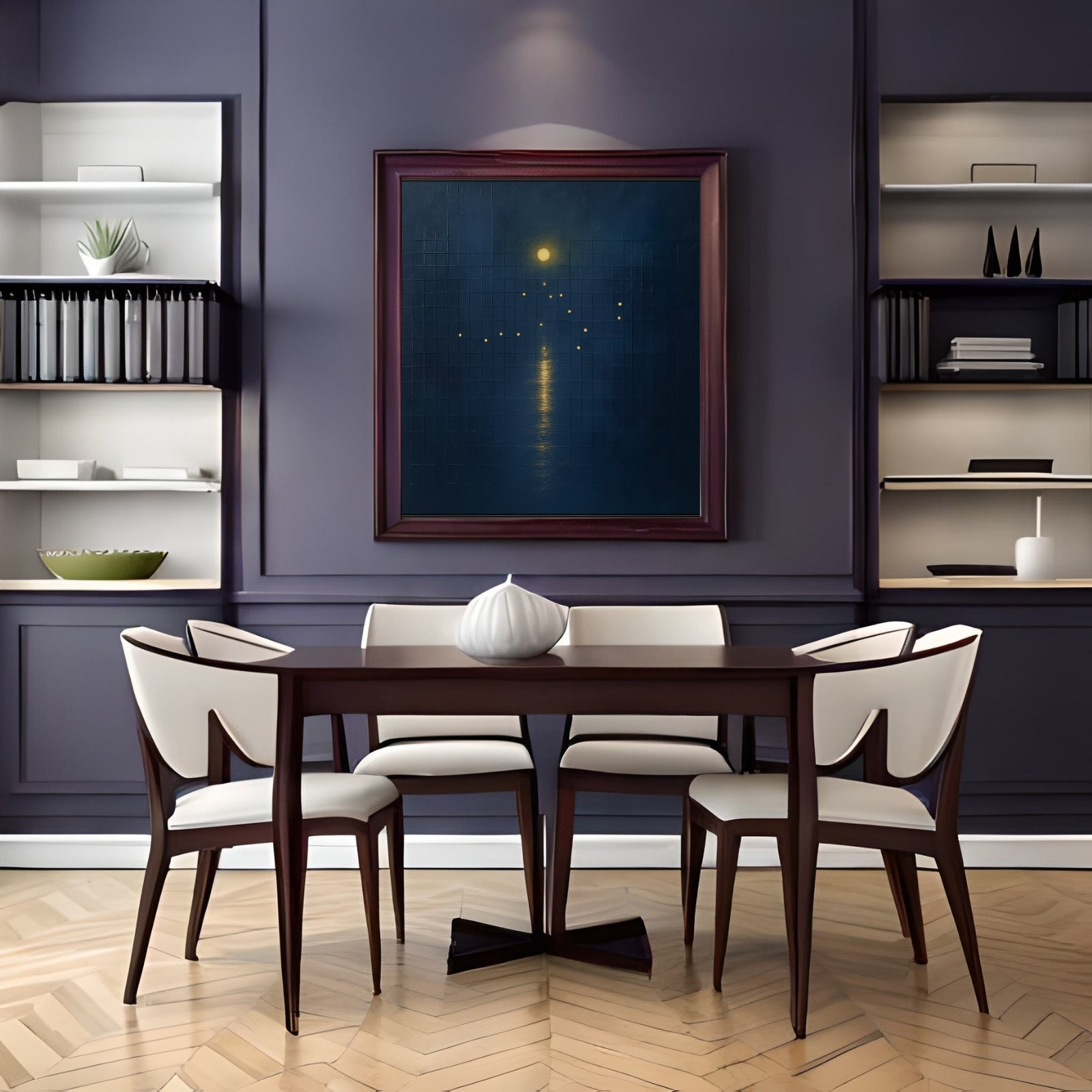 Minimalist abstract painting on a dark blue textured grid background, featuring a golden circular moon and a vertical linear reflection in gold.