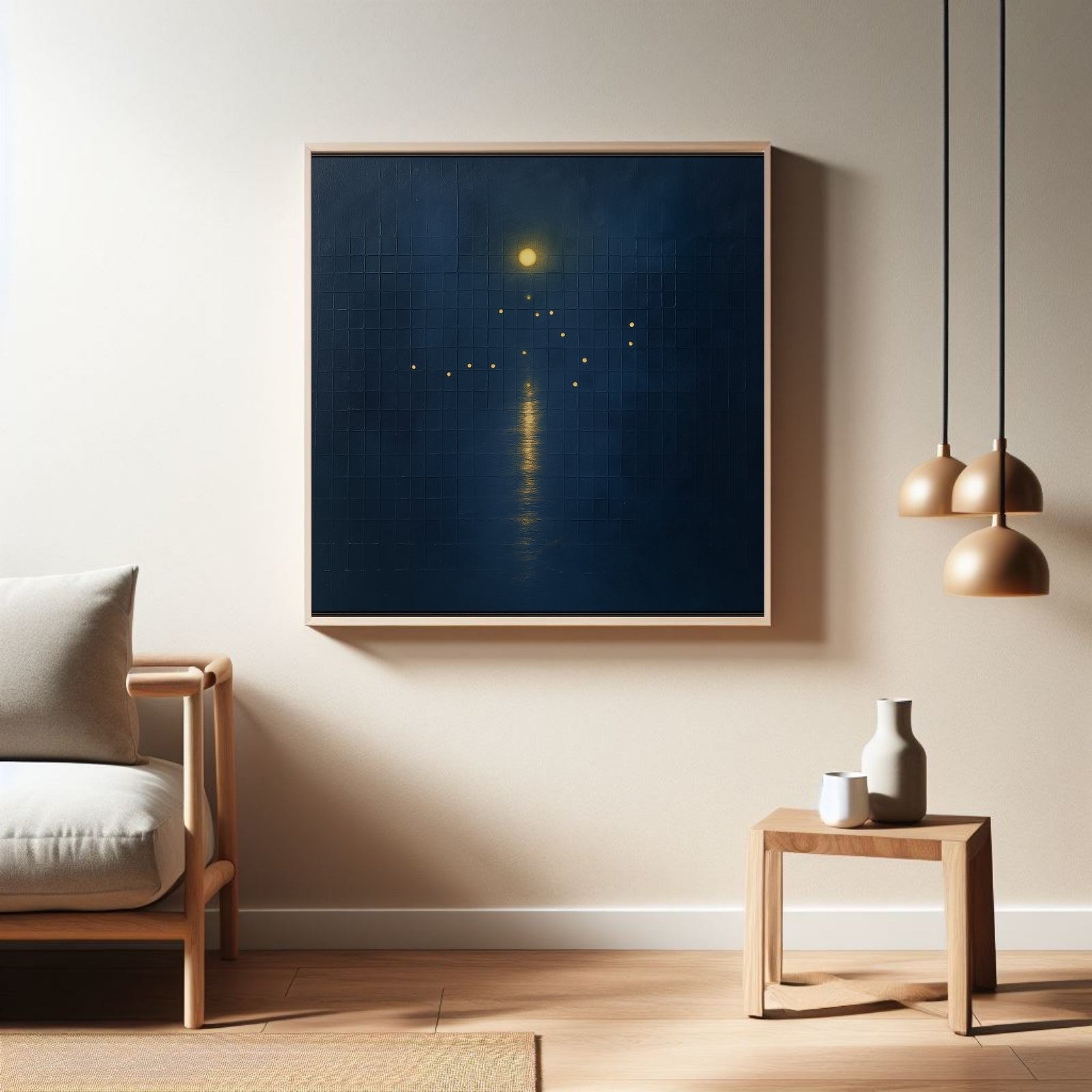 Minimalist abstract painting on a dark blue textured grid background, featuring a golden circular moon and a vertical linear reflection in gold.