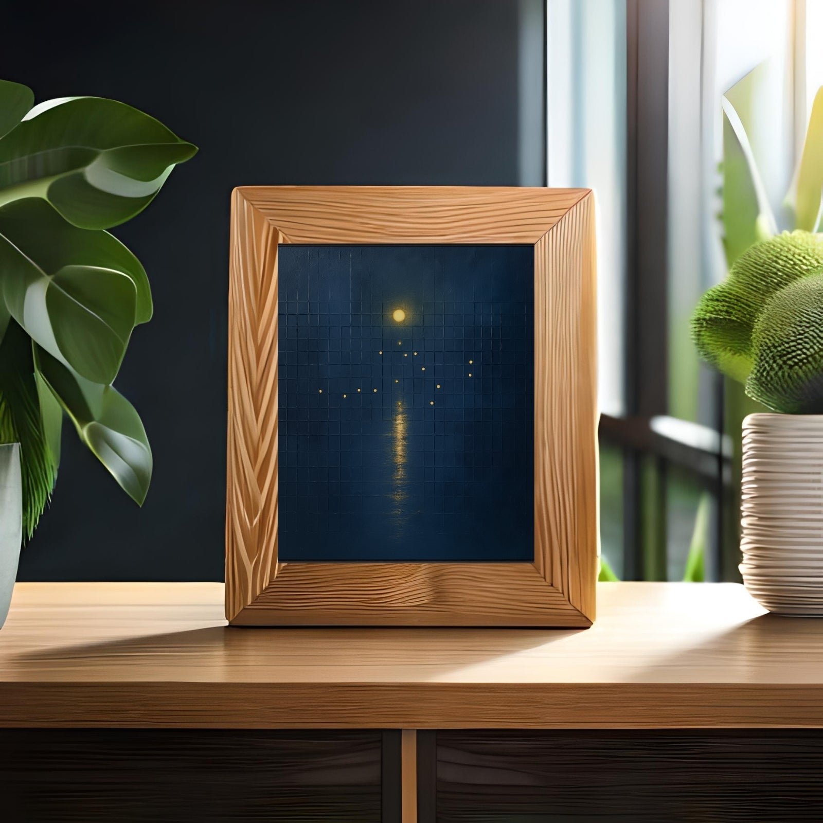 Minimalist abstract painting on a dark blue textured grid background, featuring a golden circular moon and a vertical linear reflection in gold.