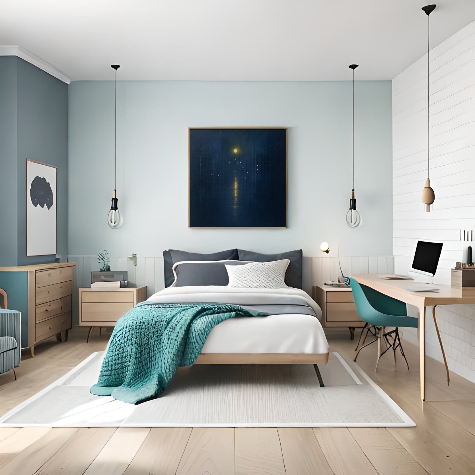 Minimalist abstract painting on a dark blue textured grid background, featuring a golden circular moon and a vertical linear reflection in gold.