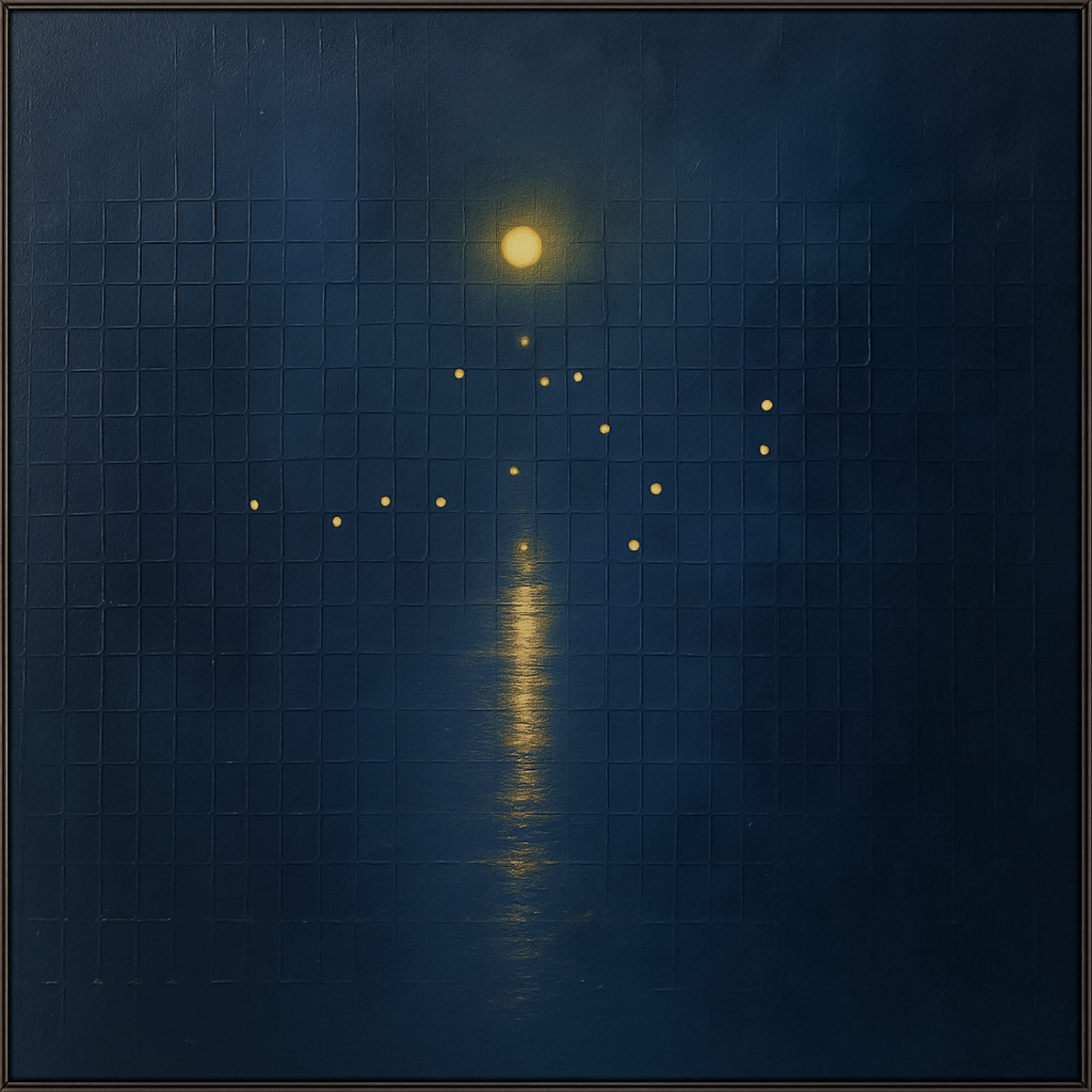 Minimalist abstract painting on a dark blue textured grid background, featuring a golden circular moon and a vertical linear reflection in gold.