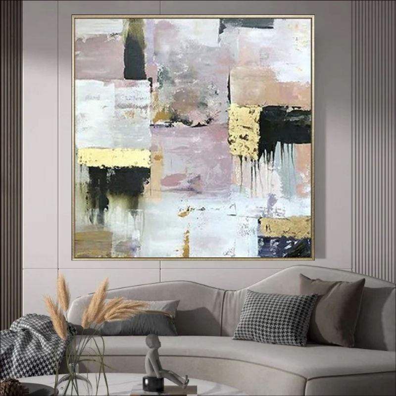 Abstract oil painting titled "Luxe Blend" with gold and neutral tones.