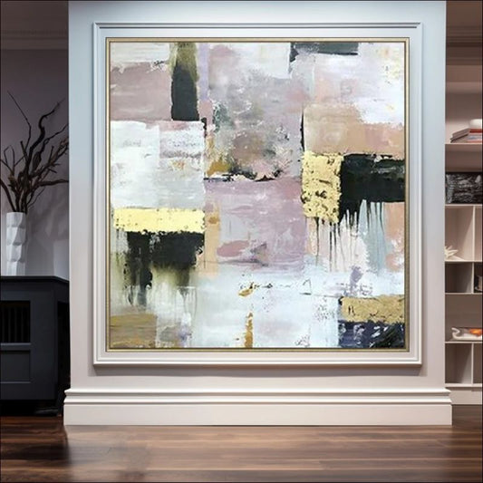 Abstract oil painting titled "Luxe Blend" with gold and neutral tones.